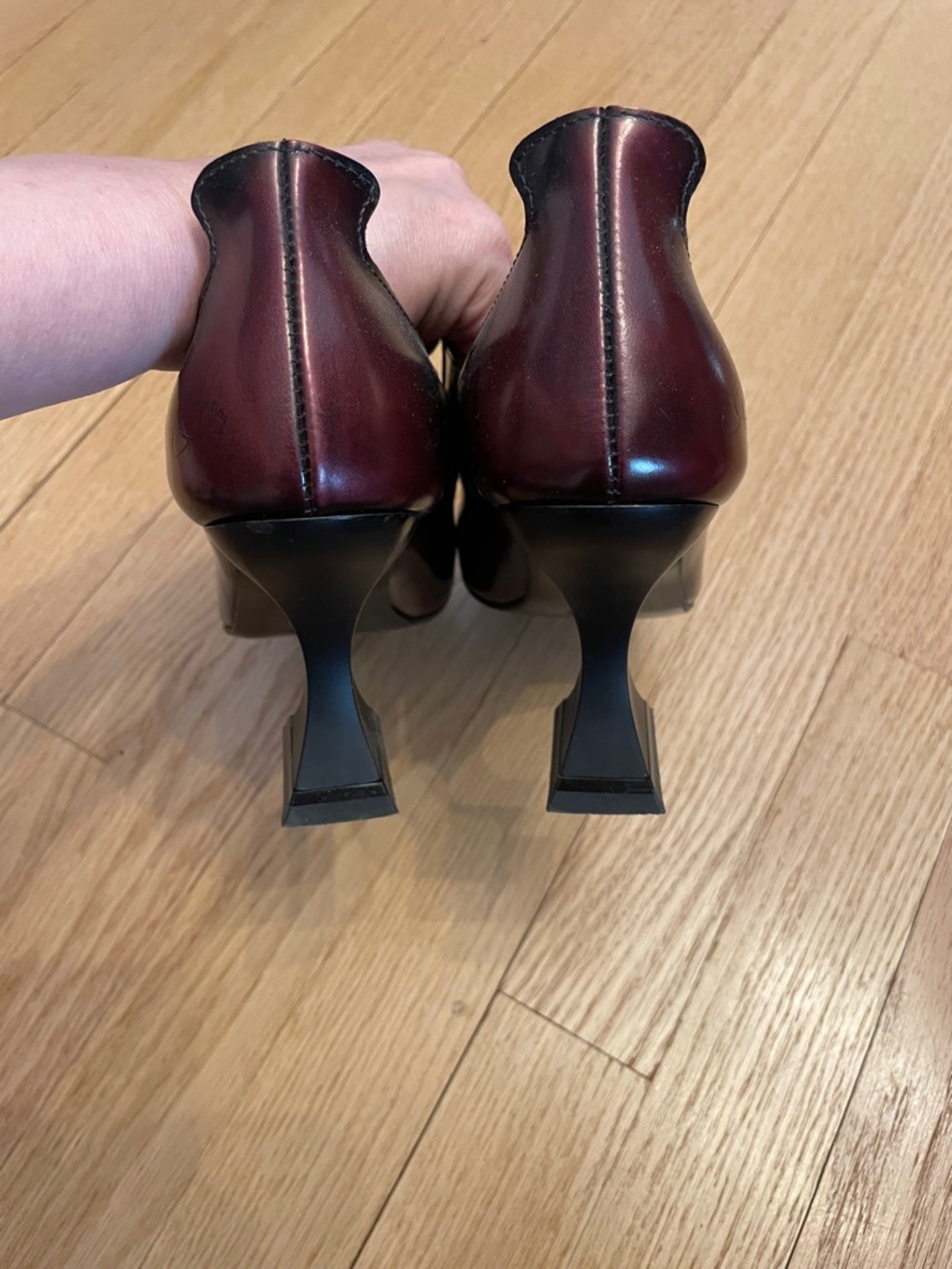 John Fluevog Women's Burgundy and Black Pointed Odette Mary Jane Heels - Picture 4 of 8